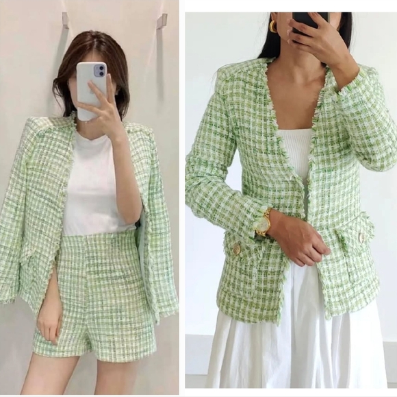 Zara Jackets & Blazers - Zara Tweed Green White Blazer Size XS